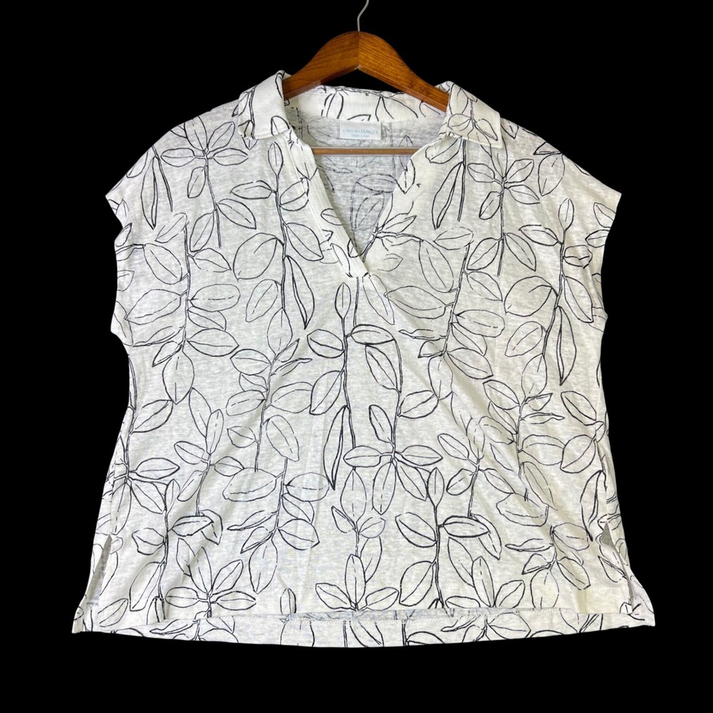 Cynthia Rowley Womens White Black Leaf Print 100% Linen V-Neck Top Large